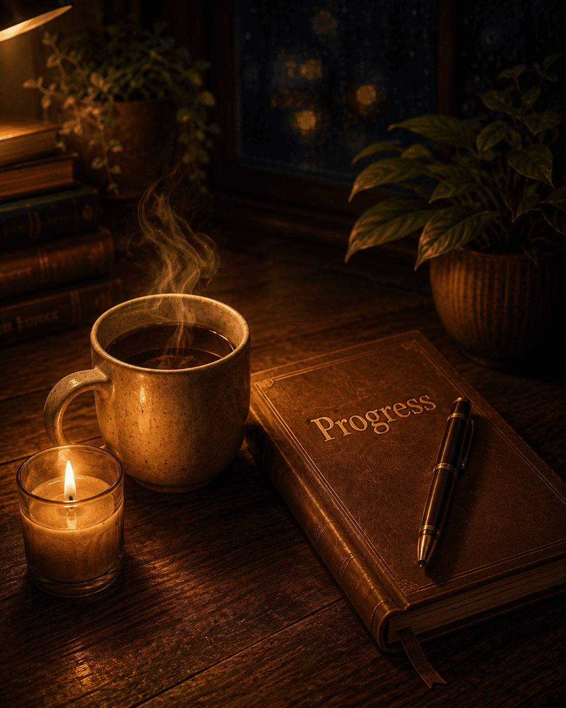 A warm cup beside a progress journal