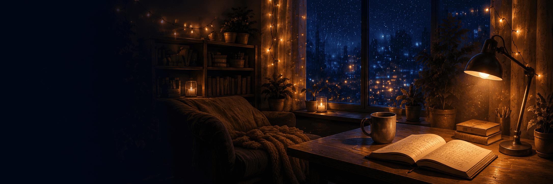 A warm study room overlooking a deep-blue city at night