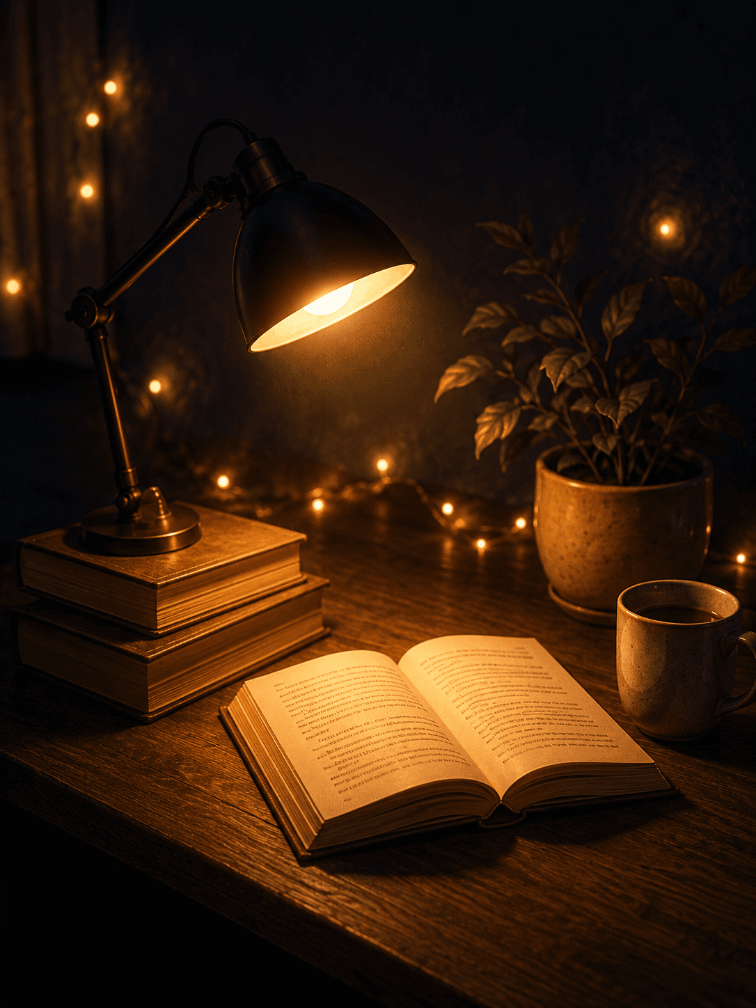 An open book under a warm desk lamp